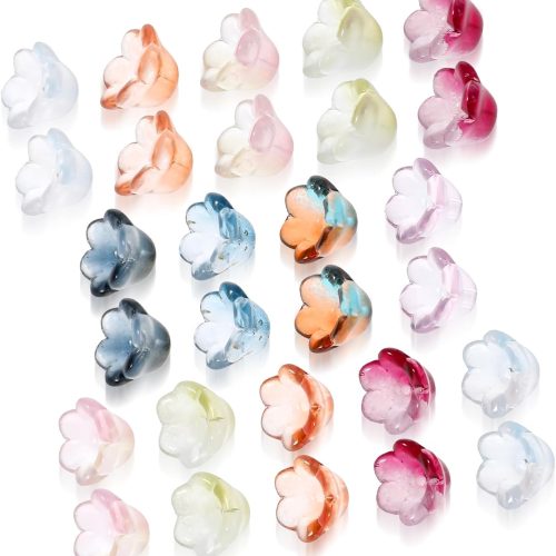 100pcs Glass Bell Flower Beads Rainbow Mix Czech Flower Beads Glass Beads for Jewelry Making,Gradient Clear Cute Small Glass Beads for Bracelets Making DIY Necklace Decoration Gifts