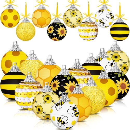 Riceshoot 12 Pcs Sunflower Ball Ornament Tree Decorations Yellow Black Stripes Dotted Hanging Sequin with Ropes Sequin Plastic Bee Sunflower Tree Ornaments for Summer Holiday Party Wedding Home