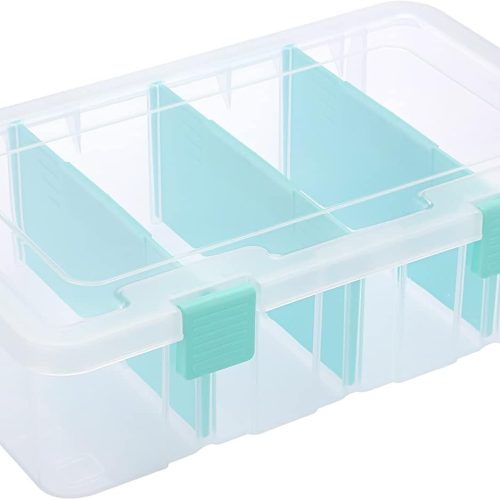 Clear Plastic Dividing Storage Box with 4 Compartments Adjustable Storage Bin with Lid Plastic Craft Storage Container Multipurpose Sewing Box Art Supply Organizer, 13.3x8.1x3.4 Inches