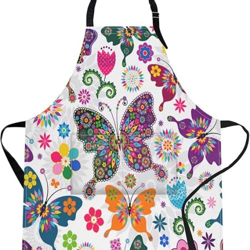 1 Britimes Apron Home Kitchen Cooking Baking Gardening for Women Men With Pockets Floral Colorful Butterflies Flowers Romantic 32x28 inch