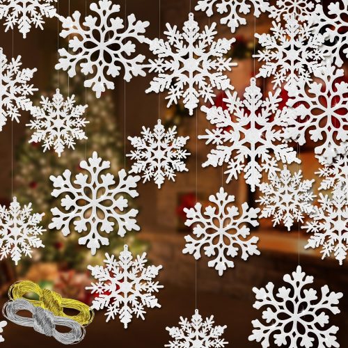 1 46 Pcs White Glitter Snowflake Ornaments Various Size Plastic Christmas Tree Decorations with Silver Rope for Winter Wonderland Window Door Accessories