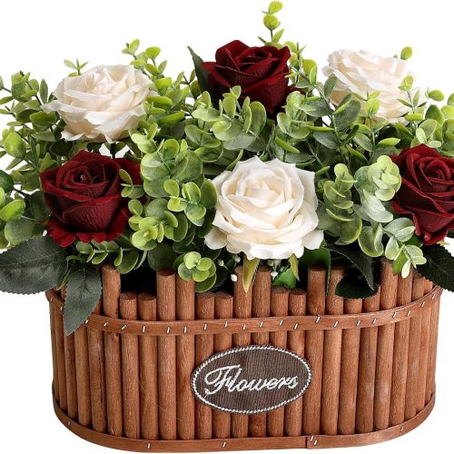 1 Dining Table Centerpiece Decor - Pre-Made Artificial Flower Arrangement Fake Floral with Wooden Vase for Farmhouse Kitchen Bathroom Living Room Decorations (Burgundy Champagne)