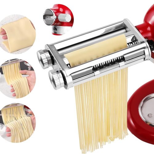 Pasta Maker Attachment 3 in 1 Set for KitchenAid Mixers Plus Hub Knob Screw Accessory Included Dough Sheet Roller, Spaghetti & Fettuccine Cutters and Cleaning Brush