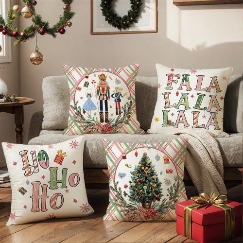 1 Pink Nutcracker Christmas Throw Pillow Covers 18x18 inch, Plaid Tree Ho Ho Ho Xmas Sofa Couch Cushion Covers Set of 4
