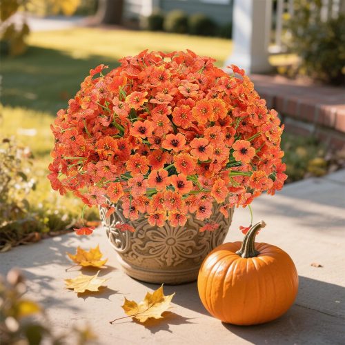 1 20 Bundles Fall Flowers Artificial for Halloween Decoration, Fake Flowers Faux Plants Silk Colorful Daisy Eucalyptus Realistic UV Resistant for Garden Patio Porch Box Home Decor, Orange