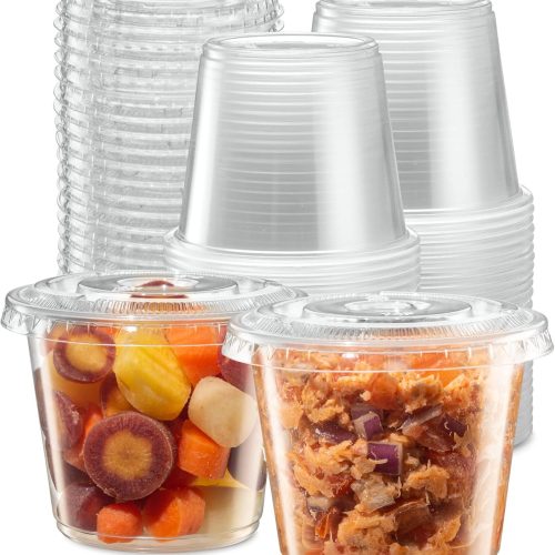 1 5 oz - 100 Sets Clear Diposable Plastic Portion Cups With Lids, Small Mini Containers For Portion Controll, Meal Prep, Sauce Cups, Slime, Medicine, Dressings, Crafts, Disposable Souffle Cups