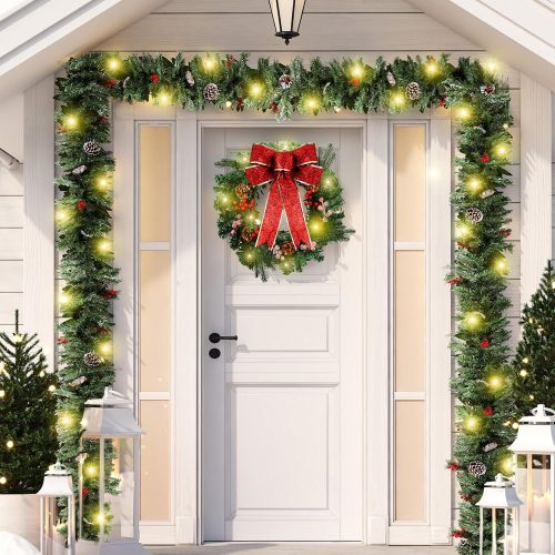 1 Ceenna Extra Long 15ft Christmas Garland with Light 100 LED Prelit Lights Artificial Pine Christmas Indoor Outdoor Decorations Xmas Holiday Front Door Fireplace Home Decor(Red Bow Garland)