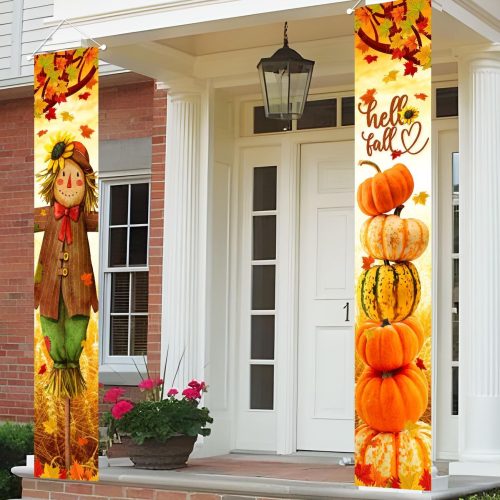 1 Hello Fall Porch Decor Autumn Harvest Porch Banner Sign Thanksgiving Scarecrow Pumpkin Front Door Sign Hanging Welcome Banner for Indoor Outdoor Home Farmhouse Yard Harvest Party Decorations