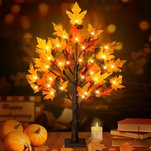 1 2FT Lighted Maple Tree- Fall Artificial Tree Thanksgiving Decor Tabletop Lamp with 36 LED Lights, Autumn Maple Leaves, 6 Acorns, 6-Hours Timer Function, Battery Operated for Indoor Home