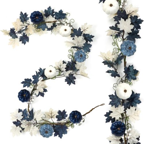 1 Zeyune 6ft Fall Blue Garland Decor Long Thanksgiving Garland with Pumpkin Autumn Maple Leaves White and Blue Pumpkins Wreath Hanging Rustic Decor for Front Door Kitchen Fireplace Home Indoor Outdoor