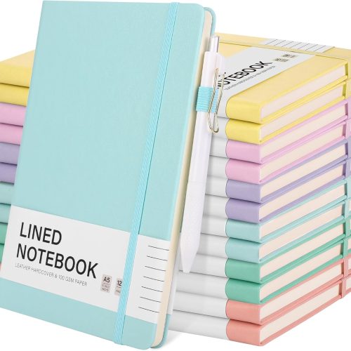 1 Aodaer 12 Set Lined Notebook Journals with Pens A5 Notebooks 100 GSM College Ruled Hardcover Notebook PU Leather Notepad with Pen Holder for Office School, 5.7 x 8.3 Inches, Light Multicolor