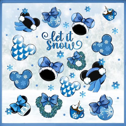 1 Mfault Winter Blue Window Clings 4 Sheets, Let It Snow Wreath Hot Cocoa Stickers Decals Decorations, Seasonal Snowflake Pine Tree Christmas Home Kitchen Decor