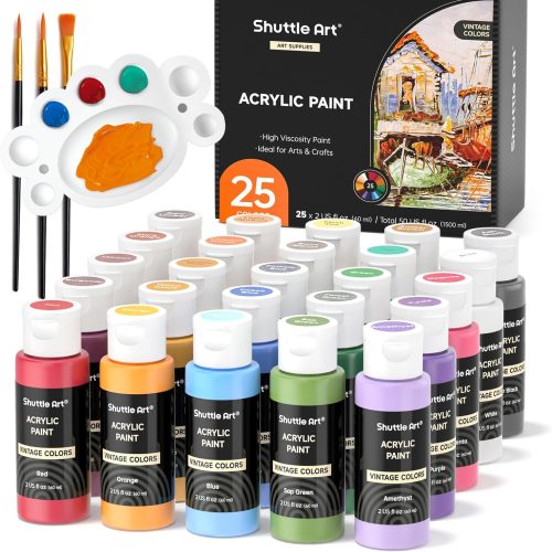 1 Shuttle Art Acrylic Paint Set, 25 Vintage Colours, 2oz/60ml Bottles, Rich Pigmented, Premium Acrylic Paints for Artists, Beginners and Kids on Rocks Crafts Canvas Wood Ceramic