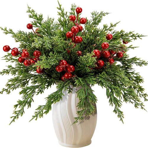 1 Watayo 45 Pcs Christmas Artificial Pine Branches with Red Berry Stems, 10.5" Faux Evergreen Norfolk Pine Cypress Leaves Stems, Fake Foliage Pine Needles Picks for DIY Craft Garland Home Decor