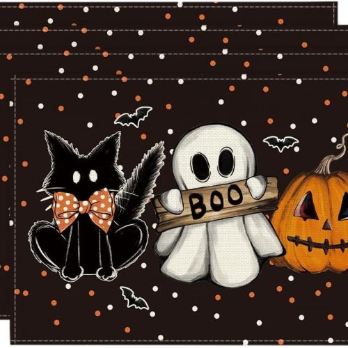 1 Artoid Mode Polka Dot Ghost Pumpkin Cat Boo Halloween Placemats Set of 4, 12x18 Inch Seasonal Fall Table Mats for Party Kitchen Dining Decoration
