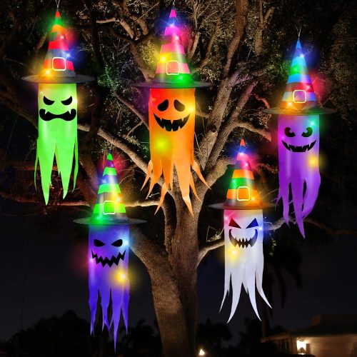 1 Halloween Decoration Outdoor Lighted Ghost with Witch Hats, 5Pcs Hanging Ghosts Each with 10 LED Lights 3 Lighting Modes, 24Ft String Scary Halloween Ornaments Decorations for Tree Yard Porch Garden