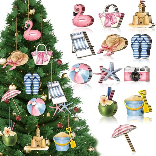 1 Maitys 36 Pcs Beach Christmas Wooden Ornaments Ocean Xmas Tree Decorations Coastal Nautical Seaside Wood Cutouts Navigation Hanging Ornaments Xmas Decorations for Home Tree Small Crafts(Beach)