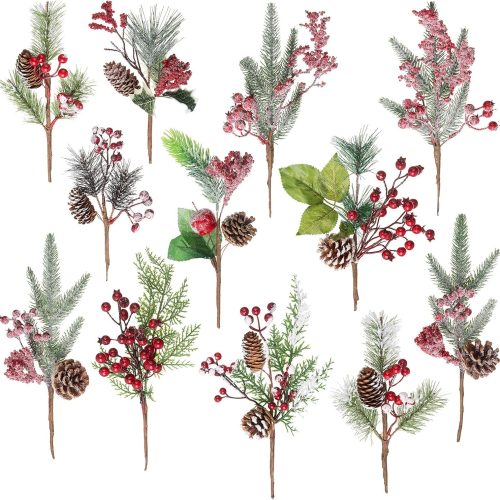 1 Crafare12-16 Inch Large Artificial Christmas Tree Picks 12 Styles Assorted Holly Picks Stems with Pinecones Leaves for Xmas Tree Filler Floral Arrangement Winter Holiday Season Décor