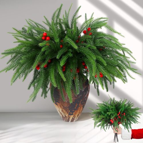 1 12Pcs Christmas Norfolk Pine Stems with Red Berries, Real Touch Artificial Norfolk Pine Branches for Vase,DIY Crafts Faux Greenery Stems for Indoor/Outdoor Christmas Decor.