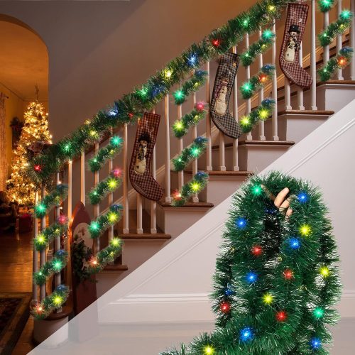 1 Chuangdi 50 ft Christmas Tinsel Staircase Garland with 150 LED Light Pre-lit Long Battery Operated Christmas Garland for Stairs Railing Fireplace Mantle Indoor Decoration(Green with Colorful Light)