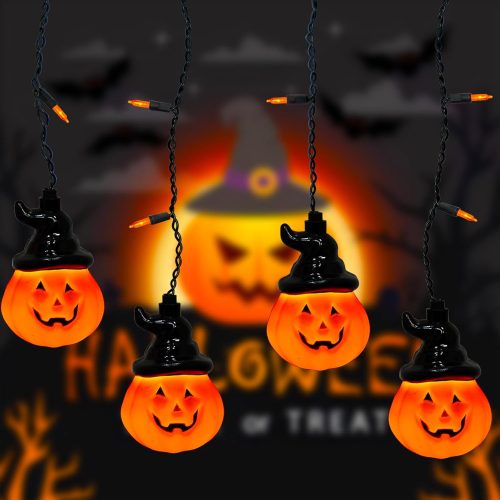 1 7FT LED Halloween Indoor Curtain String Lights With 10 Hooded Pumpkin and 15 Orange Mini Bulbs - Hanging Window Lights for Curtain, Stair, Fence, Home Party Decorations