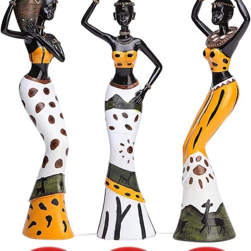 3 Pack African Women Sculpture, 7.5" Exotic Tribal Lady Figurine, Black Statue Home Office Decor, Vintage Collectible Art Crafts Desktop Ornaments Decorations Gift (Yellow)