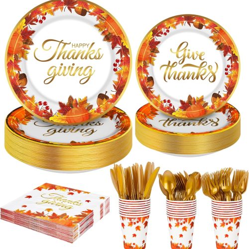 QZYL 175 PCS Thanksgiving Plates Set, Serve 25 Guests Disposable Dinnerware, 7'' and 9'' Dinner Paper Plates, 9 OZ Cups Napkins Cutlery, Thanksgiving Dinnerware Set Table Party Supplies