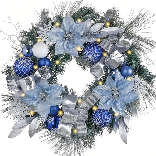 Valery Madelyn 24'' Pre-Lit Christmas Wreath for Front Door with Lights, Large Lighted Outdoor Christmas Wreath with Silvery Blue Xmas Balls & Ribbons for Home Porch Fireplace Window Holiday Decor