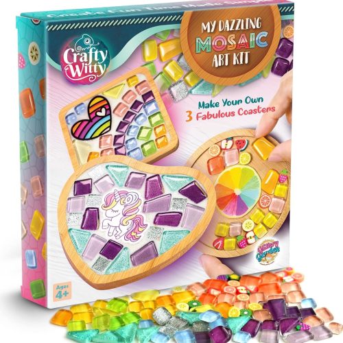 Glittery Garden Mosaic Craft Kit - Decorate Your Own Unicorn and Rainbow Design Coaster with Glass Tiles. Birthday Gift, Fun DIY Art and Craft Supplies. Girls, Kids & Teens Activity Kit