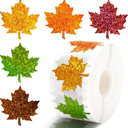1000Pcs Fall Thanksgiving Stickers 5 Colors Maple Leaf Decals Holographic Self Adhesive Label Stickers Roll for Autumn Party Cards Seal Envelopes Supplies