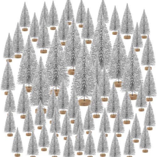 KUUQA 60 Pcs Mini Christmas Trees Bottle Brush Trees Tabletop Trees for Christmas House Decoration Diorama Models Christmas Village Accessories (Silver), Small Size Trees