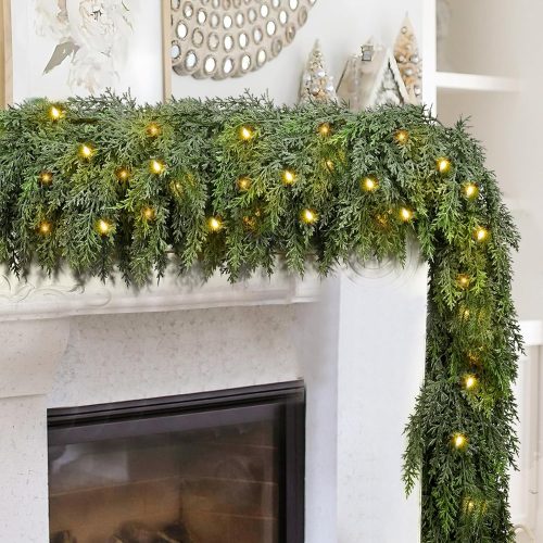 9FT Thick Pre-lit Christmas Garlands with 240 Cedar Branches, 50