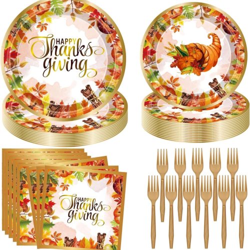 Thanksgiving Party Decorations Fall Party Supplies 96 PCS Fall Thanksgiving Disposable Dinnerware Set with Maple Leaves Gold Paper Plates Napkins and Forks for Harvest Celebrations