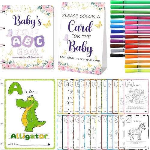 Baby’s First ABC Book Baby Shower Activity & Keepsake Game, A to Z Animal Coloring Cards with 24 Watercolor Pens, Fun & Interactive Baby Shower Game for Guests, Guest Book Alternative (Butterfly)