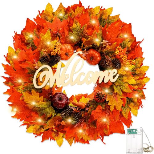 24" Fall Wreaths for Front Door with Lights,Autumn Wreath with Welcome Sign,Pumpkins, Pinecones, Berries & Maple Leaves, Lighted Fall Wreaths for Outdoor Indoor,Thanksgiving Harvest Fall Decorations