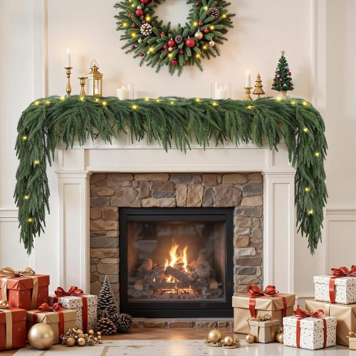 9ft Artificial Christmas Garland with Lights, Real Touch Norfolk Pine Garland - Pine Garlands, Green Christmas Garland for Mantle, Table, Fireplace, Indoor, Outdoor Christmas Decorations