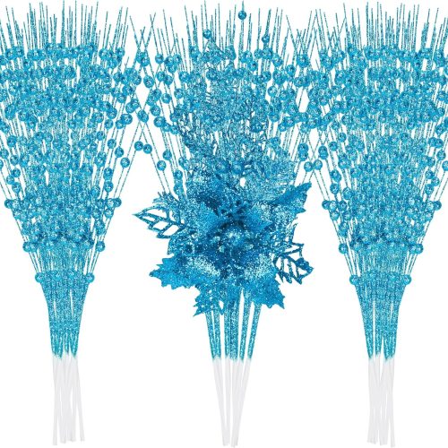 30 Pack Artificial Glitter Berry and Flowers Stem Ornaments, 17" Christmas Picks with Glitter Berry Poinsettia Flowers Fake Floral Branch for Xmas Tree Wreath Decorations Home Decor (Silver)