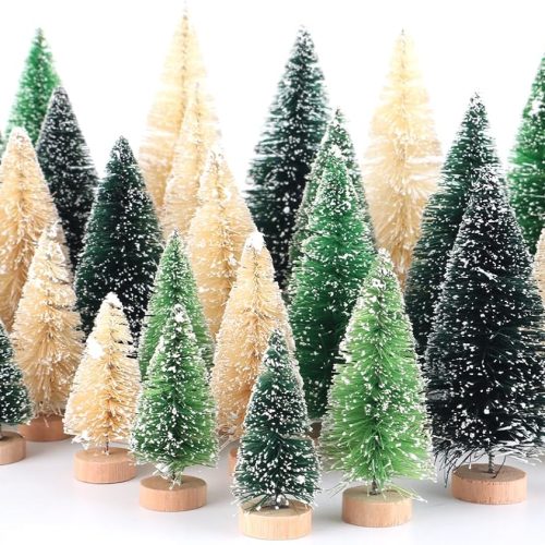 30Pcs Mini Christmas Trees - Artificial Christmas Tree Bottle Brush Trees with 5 Sizes, Snow Trees with Wooden Base for Christmas Party Home Table Craft Decor (GrassGreen+Green+White)
