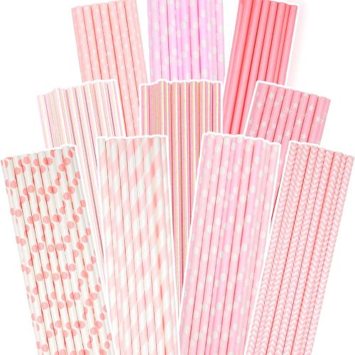 Pink Paper Straws 150pcs Disposable Straws Bulk (10 Pattern) qiqee