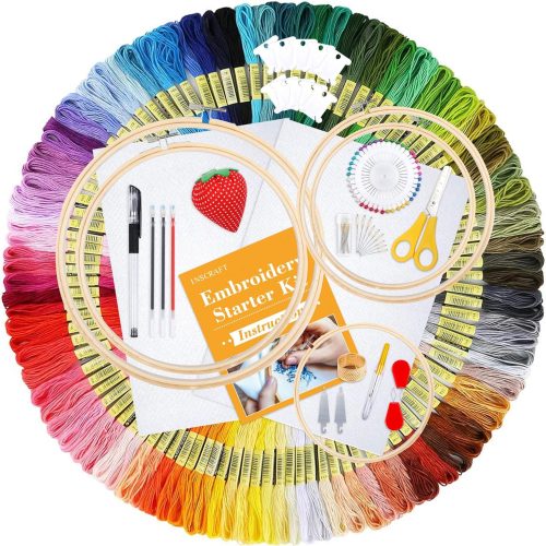INSCRAFT 304 Pack Embroidery Kit, 200 Colors Threads, 5 Pcs Bamboo Embroidery Hoops, 2 Pcs Aida Cloth, Instructions, Bag and Cross Stitch Tools Set, Hand Embroidery Starter Kit for Beginners Adults