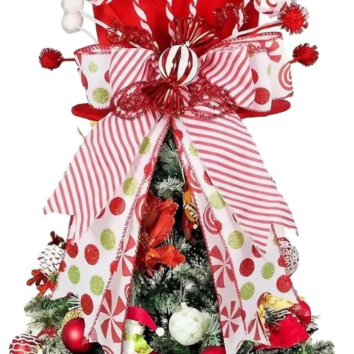Candy Cane Christmas Tree Topper Hat, Red Tree Topper Hat with Candy Peppermint Bows Ribbon Ornament, Top Hat Christmas Tree Topper for Home Office Holiday Xmas Gift Tree Decoration(Velvet Material