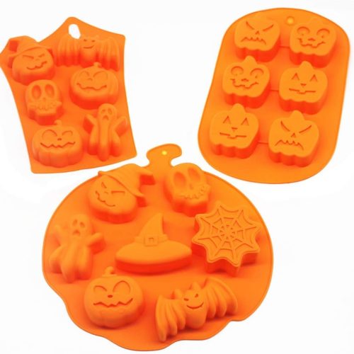 3 PCS Silicone Halloween Ghost Pumpkin Baking Mold Set Non-Stick Chocolate Jelly Fondant Cake Baking mold for Party Gift Handmade Soap Molds with Shape of Skull Bat Ghost