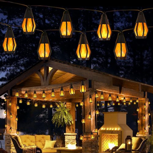 Solar Halloween Lights Outdoor, 33Ft Outdoor String Lights with 15 Flickering Flame Bulb, Waterproof Solar Powered Orange String Light LED Flame Lights for Yard Patio Garden Party Halloween Decoration