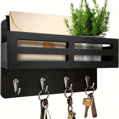 Key Holder Wall Mount, 10 inch Decorative Key and Mail Holder for Wall, with Mail Organizer & 4 Key Hooks, Rustic Wooden Key Rack for Hanging Dog Leash Sunglasses, Entryway Key Hanger, Black