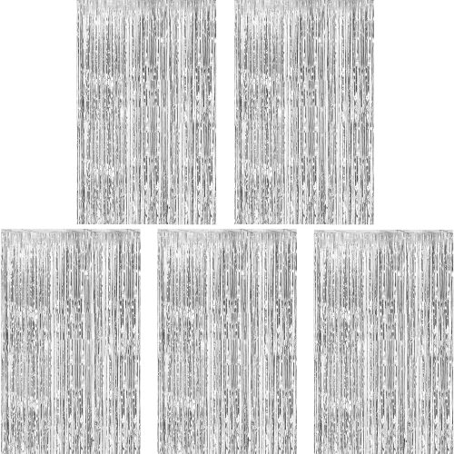 5 Pack Silver Foil Curtain Backdrop Metallic Tinsel Foil Fringe Curtains Photo Booth Props for Birthday Wedding Engagement Bachelorette Christmas Holiday Celebration Party Decorations Supplies
