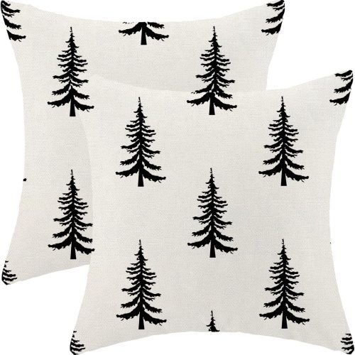 Christmas Pillow Covers 18x18 Inch Set of 2 Cream Black Christmas Tree Decor Throw Pillows Winter Xmas Holiday Outdoor Cushion Cases for Couch Bed Decorations