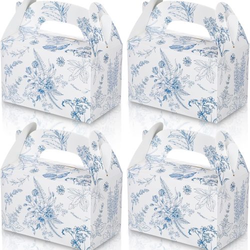Dunzoom 24 Pack Blue Floral Paper Gift Boxes Party Favor Gift Gable Boxes with Chinoiserie Floral Printed Candy Treat Box for Wedding Birthday Tea Bridal Shower Party