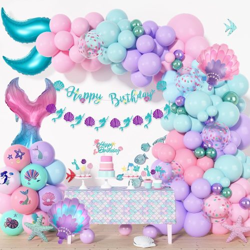 Amandir 138Pcs Mermaid Birthday Party Decorations, Pink Purple Blue Mermaid Balloon Garland Arch Kit Birthday Banner Cake Topper Tail Shell Balloons Party Supplies for Girl Kids
