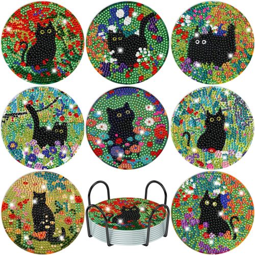 RICUVED 8 Pcs Diamond Painting Coaster Kits With Holder, Black Cat Diamond Art for Adults Beginners, 5D DIY Flowers Diamond Art Painting Craft Supplies