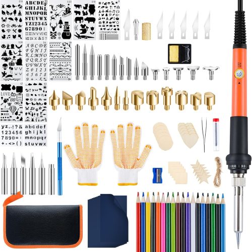 Fohil Wood Burning Kit for Adults with Gloves, 130pcs Wood Burning Pen Tool Set with Adjustable Temperature 200~450 °C Switch Pyrography Pen Kit for Embossing Carving Soldering